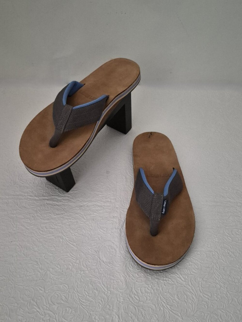 Hari Mari Men's 8 Scouts Gray Blue Nubuck Leather Footbed Flip Flops Thongs READ